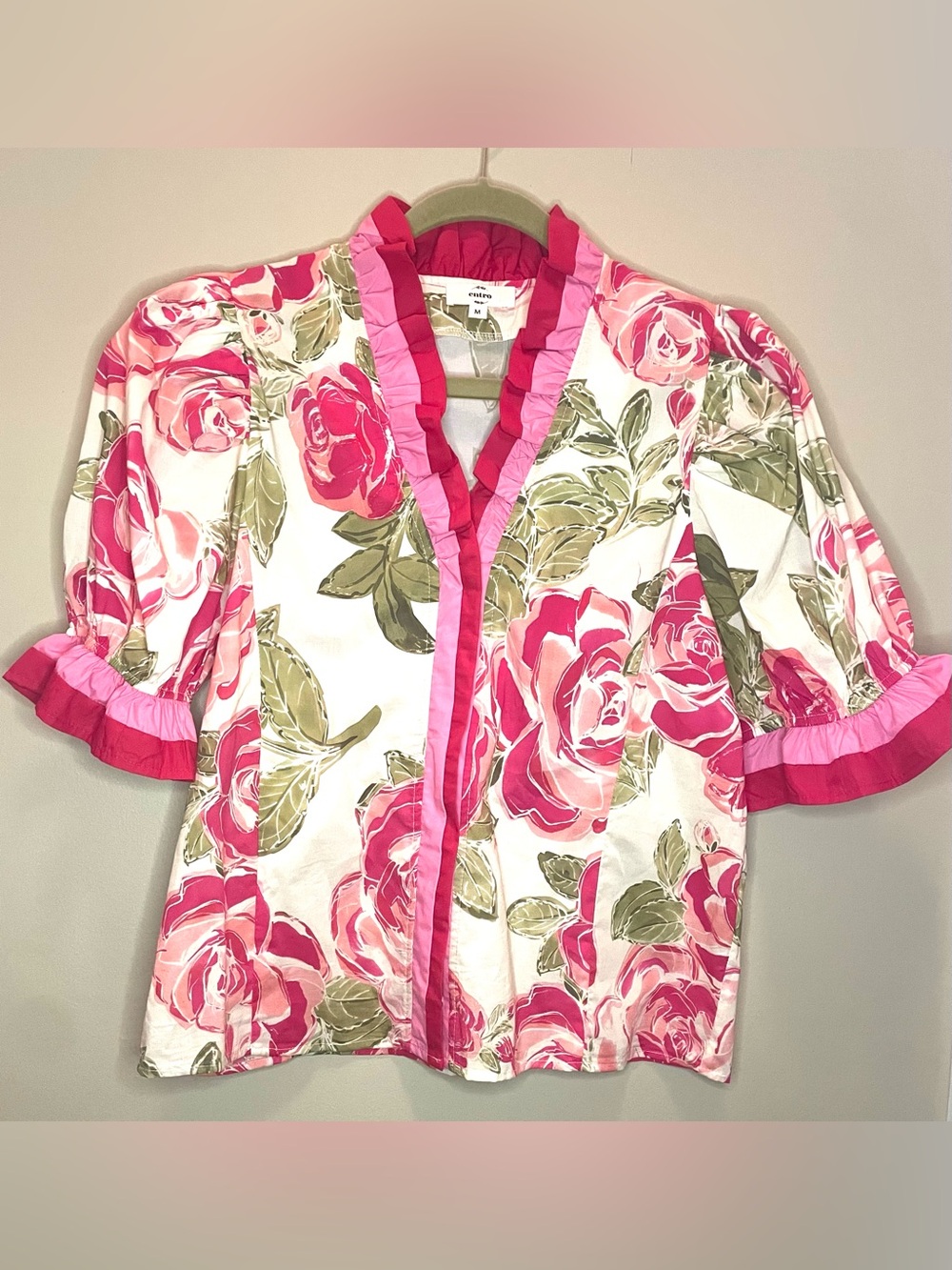 ENTRO Pink Rose Floral Ruffle Puff Sleeve Blouse Top - Picture 2 of 5